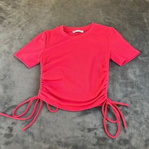 Zara Pink Ribbed T-Shirt with Drawstring Detail Women's Size Small Short Sleeve